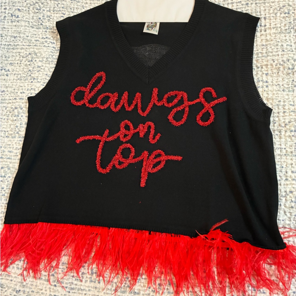 QUEEN OF SPARKLES Black and Red Feather Trim Top